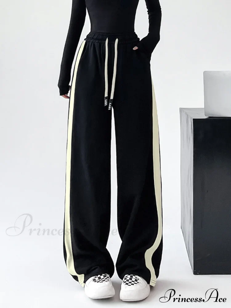 Drawstring Contrast Trim Trendy Wide Leg Sweatpants - Image 2