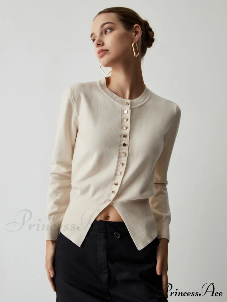 Cream Button Graceful Down Curved Cardigan - Image 2