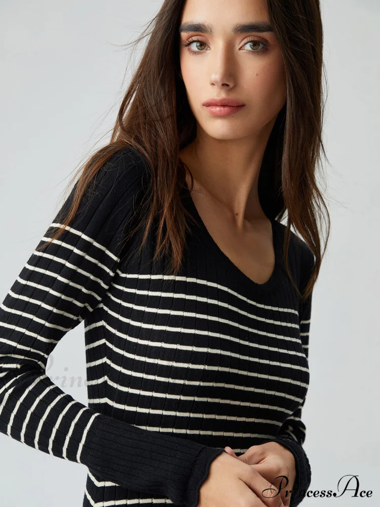 Contrast Trim Striped Crew Modern Neck Knit Sweater Dress - Image 3