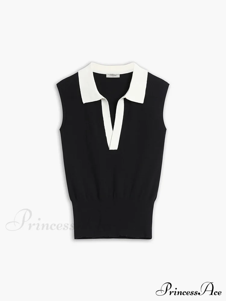 Contrast Trim Collar Trendy V-neck Knit Sweater Vest - Image 3