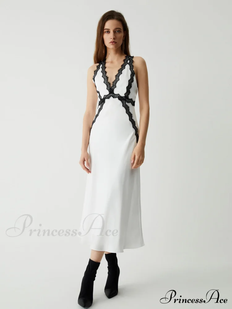 Contrast Lace Graceful Satin Long Dress - Image 2