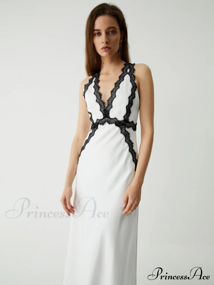 Contrast Lace Graceful Satin Long Dress - Image 4
