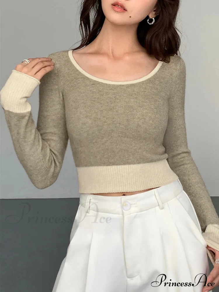 Contrast Hem Long Trendy Sleeve Crop Knit Top - Image 3