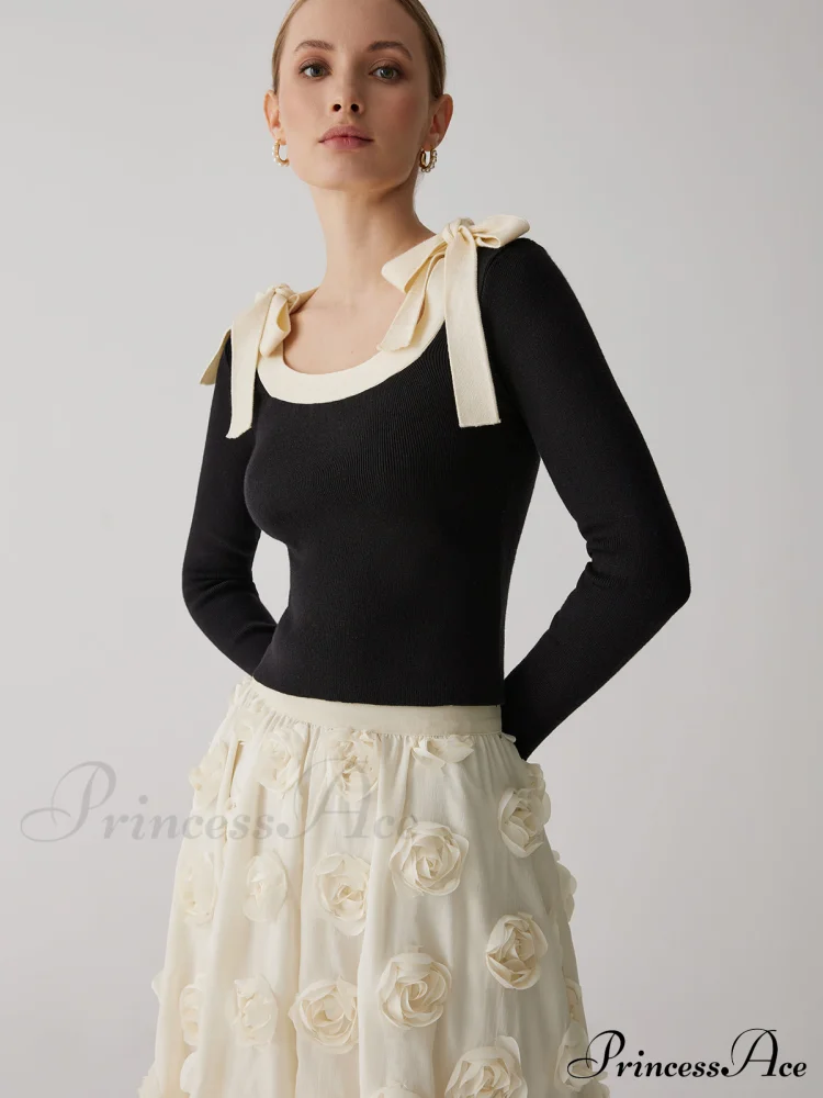 Contrast Bow Crew Trendy Neck Knit Top - Image 2