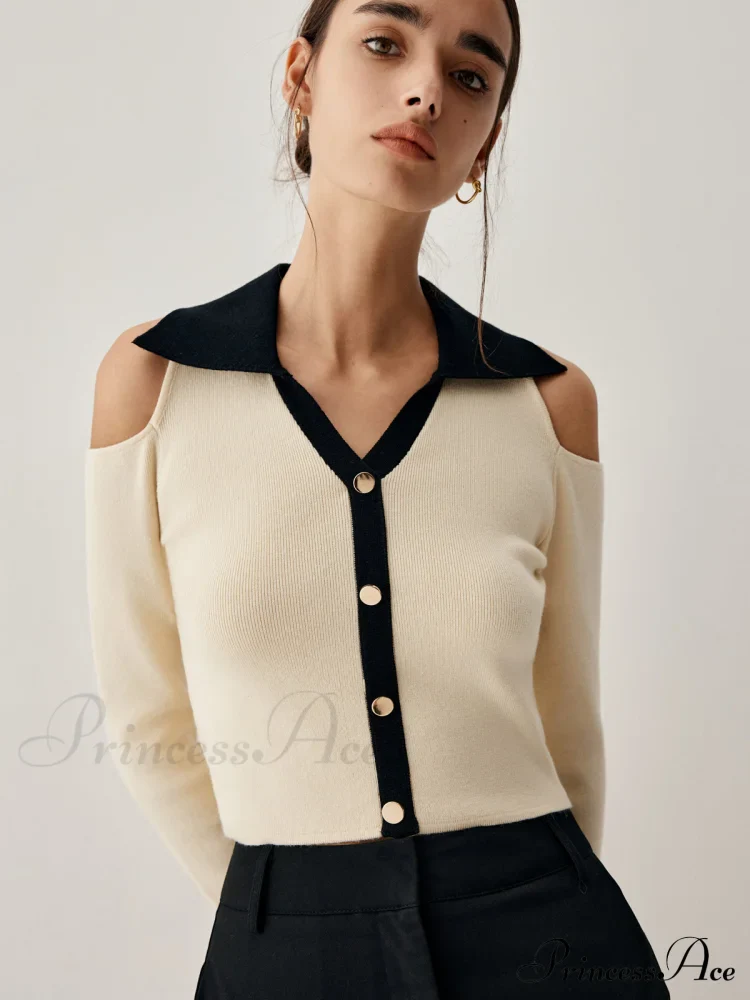 Colorblock Open Collar Cutout Modern Crop Long Sleeve Top - Image 3