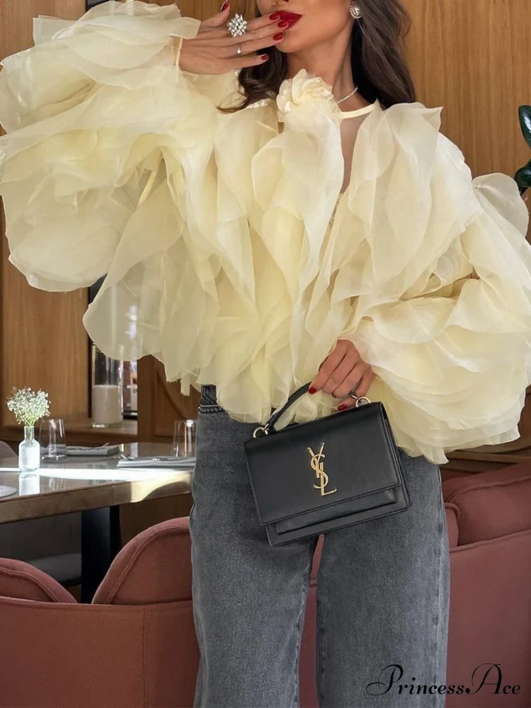 Chiffon Ruffled Graceful Crew Neck Blouse