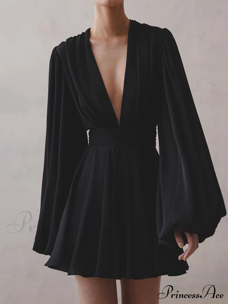 Chiffon Low Cut V-neck Modern Pleated Zip Mini Dress