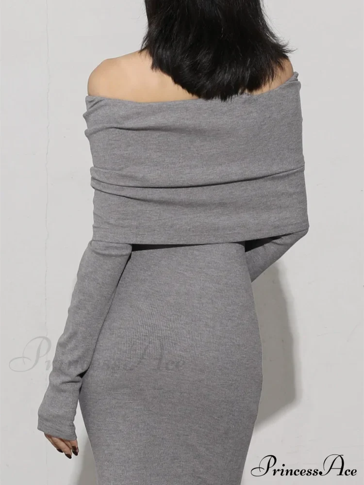 Charcoal Off Shoulder Overfold Modern Long Sleeve Long Dress - Image 2