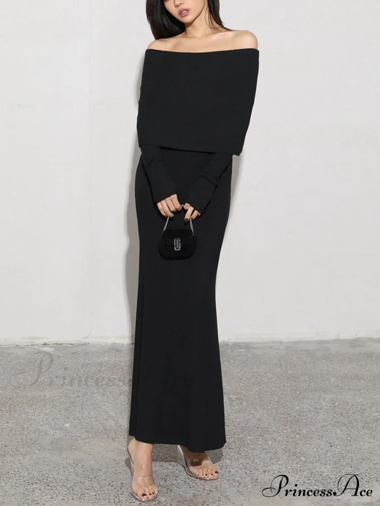 Charcoal Off Shoulder Overfold Modern Long Sleeve Long Dress - Image 8