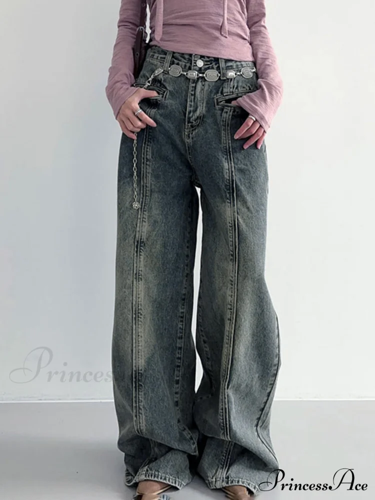 Center Stripe Wide Trendy Leg Jeans Without Belt - Image 2