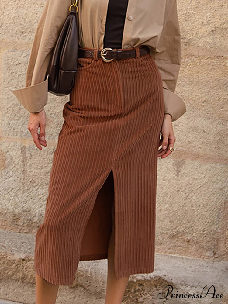 Caramel Corduroy Graceful Slit Midi Skirt