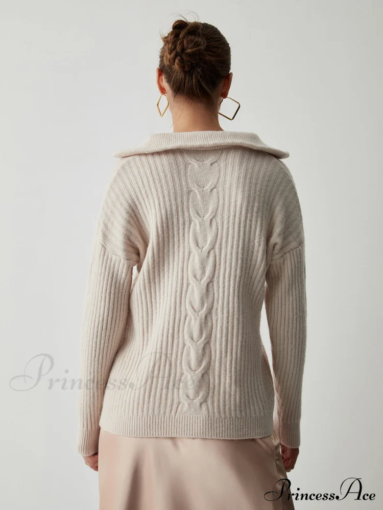 Cable Knit Open Trendy Collar Half Zip Sweater - Image 5