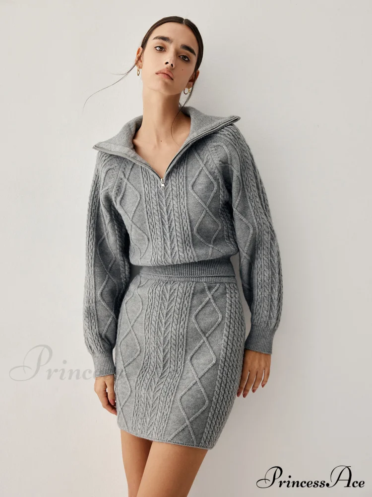 Cable Knit Open Collar Modern Cardigan WIth Matching Skirt - Image 2
