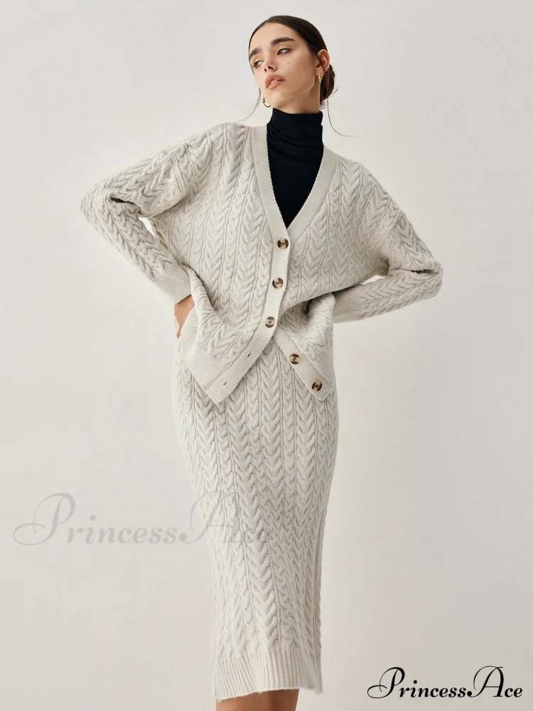 Cable Knit Cardigan Trendy With Matching Midi Skirt