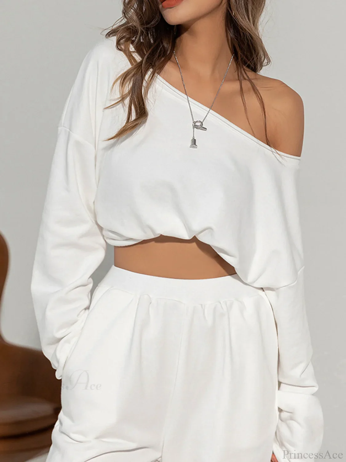 Asymmetrical Off Graceful Shoulder Solid Sweatshirt - Image 2