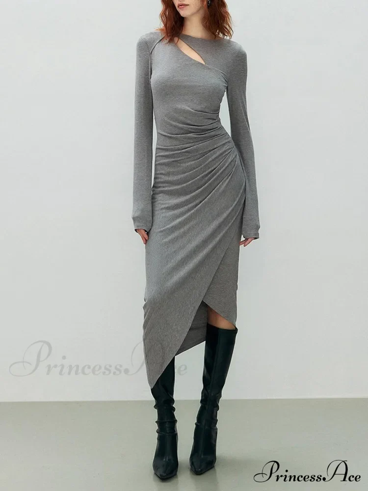 Asymmetrical Draped Cutout Crew Neck Classic Long Sleeve Midi Knit Dress