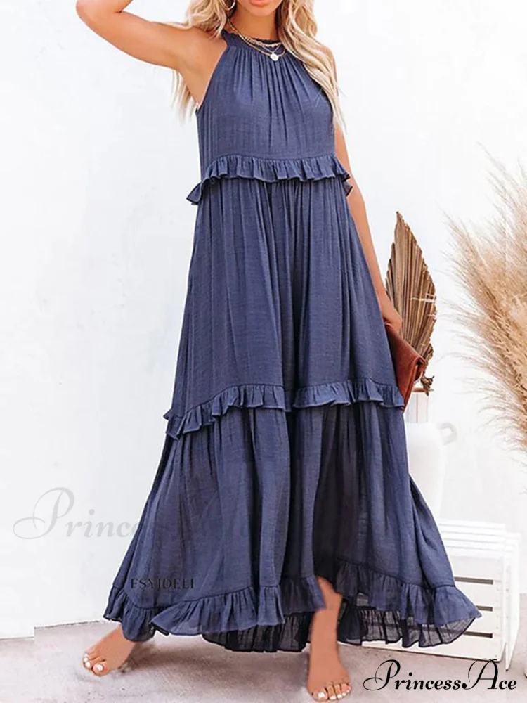 Casual Elegant Ruffle Halter Sleeveless Classic Female Party Outfits Beach Maxi Dress - Image 10