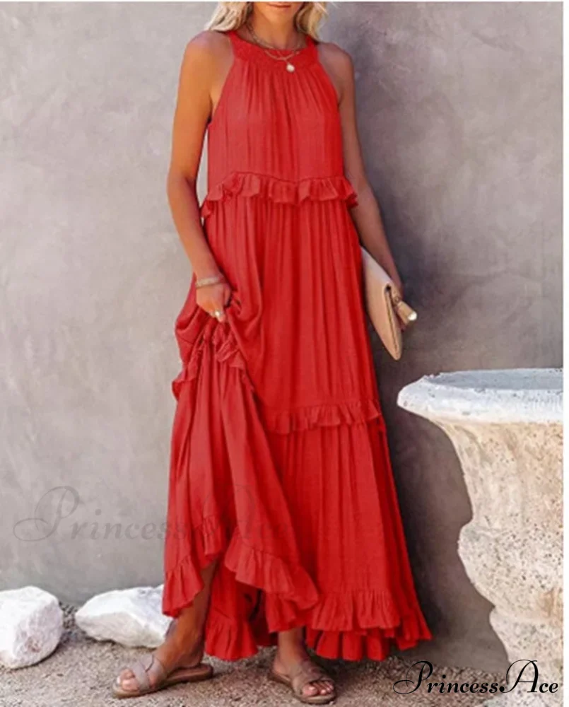 Casual Elegant Ruffle Halter Sleeveless Classic Female Party Outfits Beach Maxi Dress - Image 11