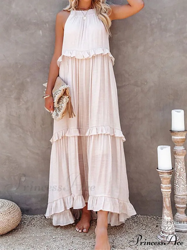 Casual Elegant Ruffle Halter Sleeveless Classic Female Party Outfits Beach Maxi Dress - Image 12