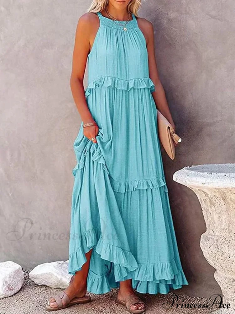 Casual Elegant Ruffle Halter Sleeveless Classic Female Party Outfits Beach Maxi Dress - Image 4