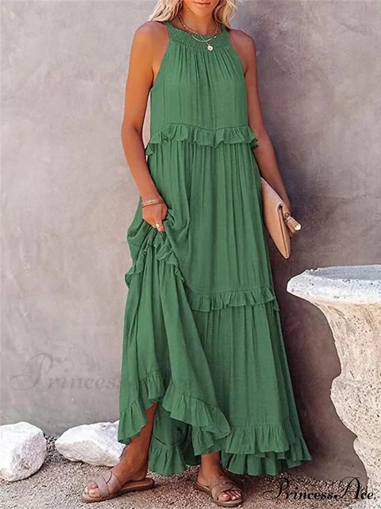 Casual Elegant Ruffle Halter Sleeveless Classic Female Party Outfits Beach Maxi Dress - Image 5