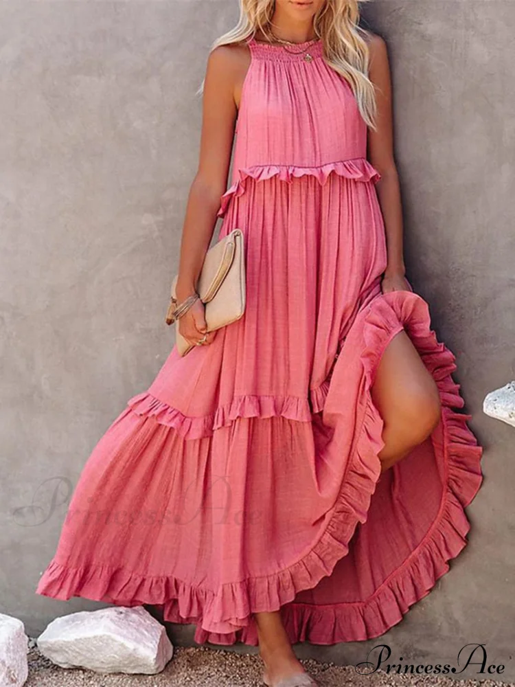 Casual Elegant Ruffle Halter Sleeveless Classic Female Party Outfits Beach Maxi Dress - Image 6