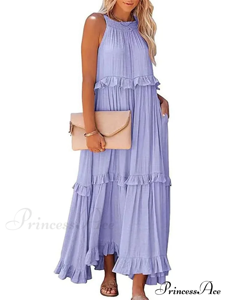 Casual Elegant Ruffle Halter Sleeveless Classic Female Party Outfits Beach Maxi Dress - Image 7