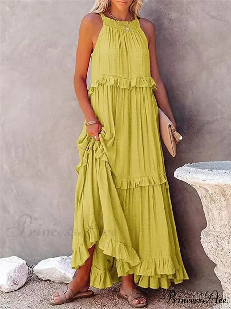 Casual Elegant Ruffle Halter Sleeveless Classic Female Party Outfits Beach Maxi Dress - Image 9