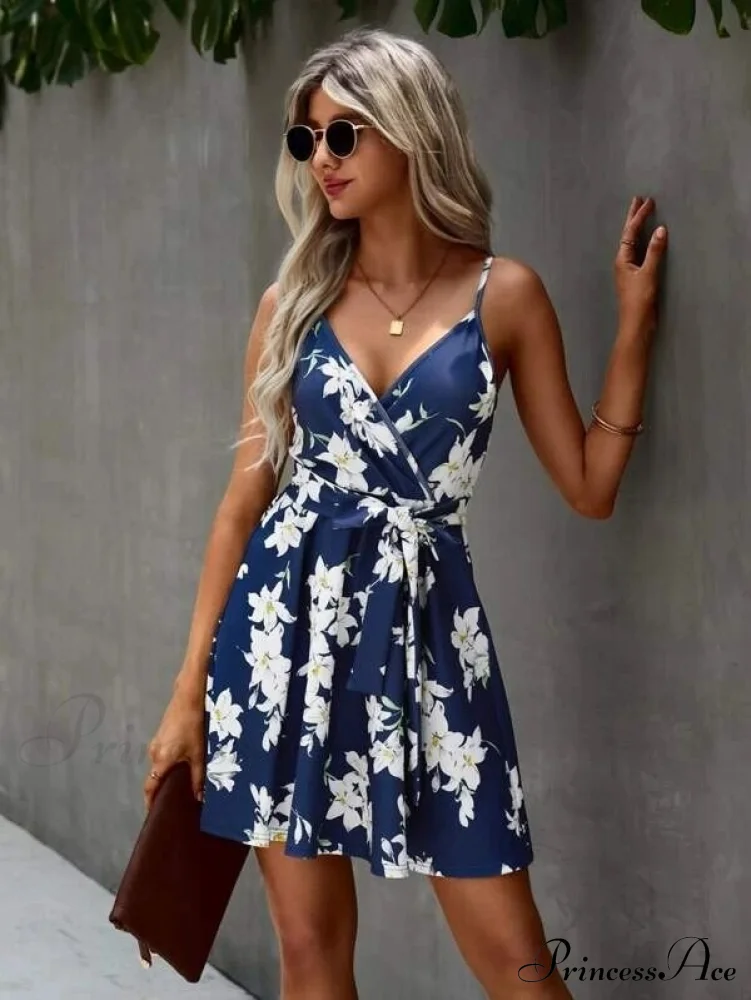 Floral Print Surplice Trendy Front Belted Cami Dress - Image 4
