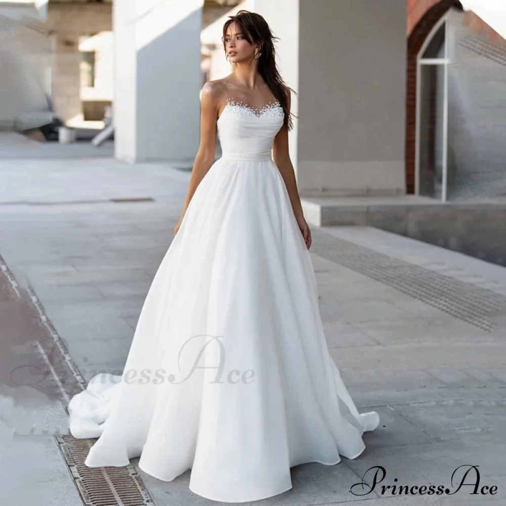 Sheer Beaded Peal Neck Modern Pleat A Lne Wedding Dress
