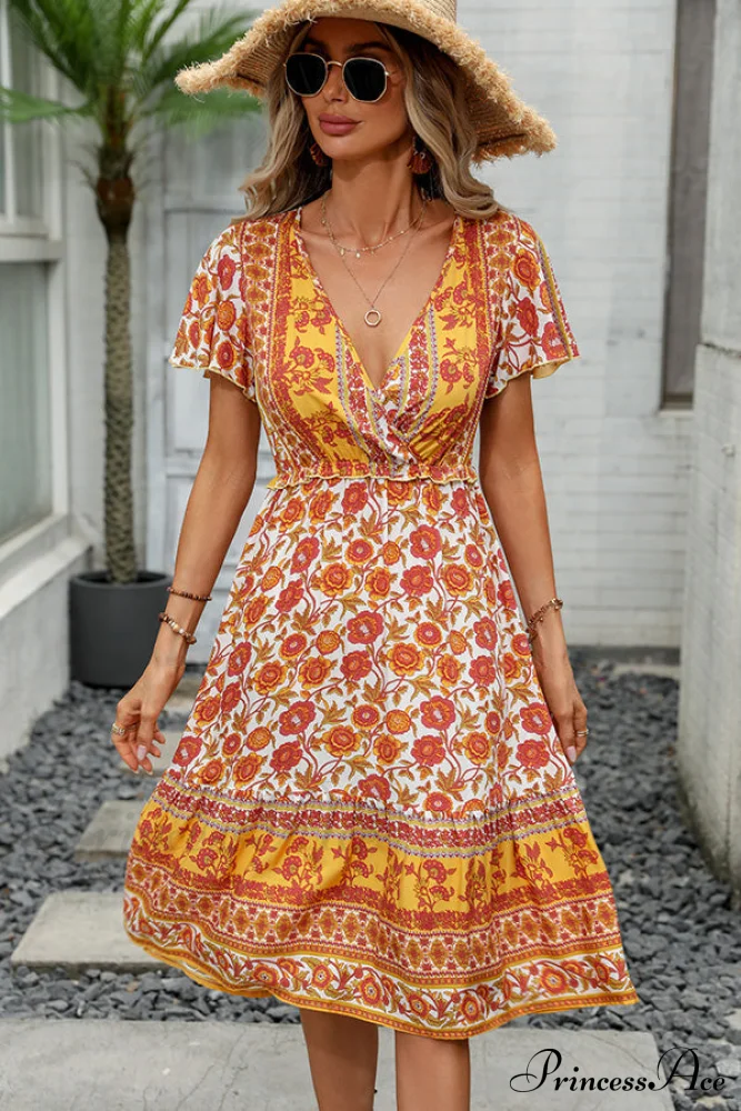 Floral Print Deep Trendy V Neck Mini Dress