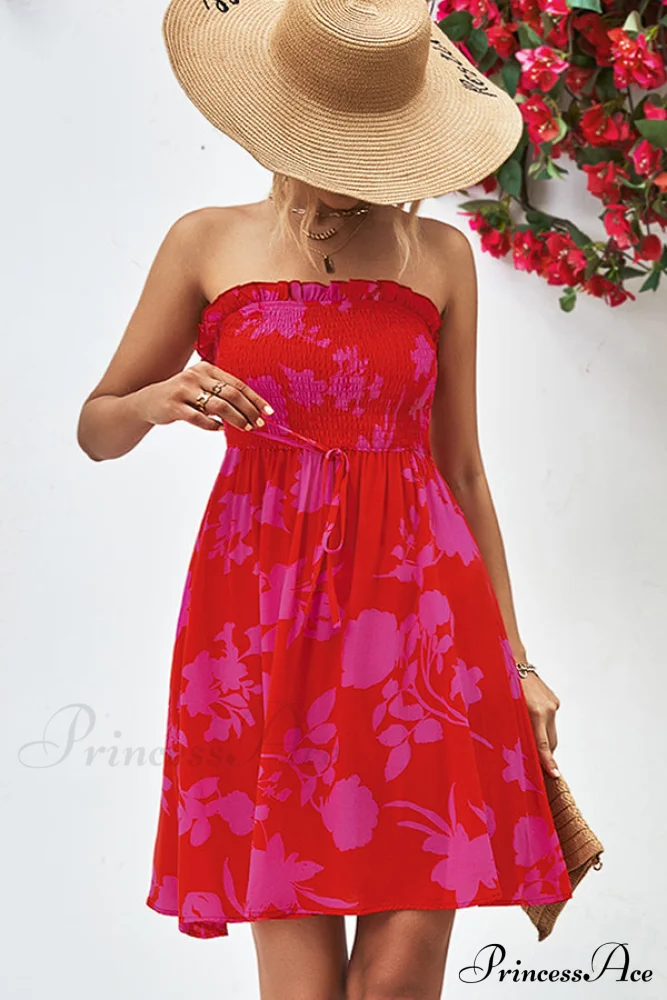 Floral Print Strapless Trendy Tie Waist Casual Dress - Image 3