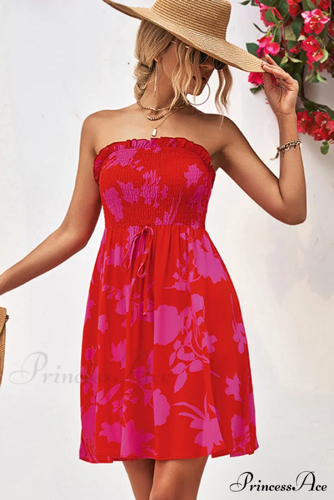 Floral Print Strapless Trendy Tie Waist Casual Dress - Image 5