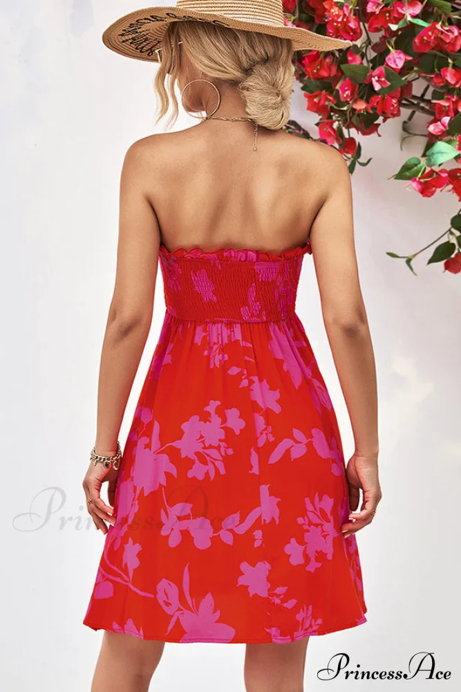 Floral Print Strapless Trendy Tie Waist Casual Dress - Image 6