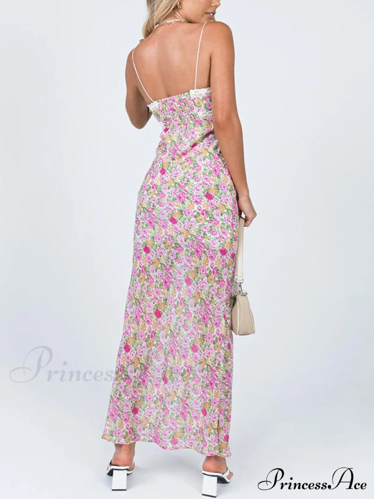 Floral Lace Trim Trendy Checkered Cropped Floral Dress - Image 3