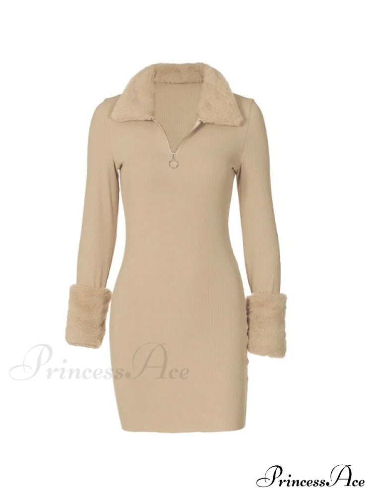 Faux Fur Trim Trendy Long Sleeve Mini Dress - Image 3
