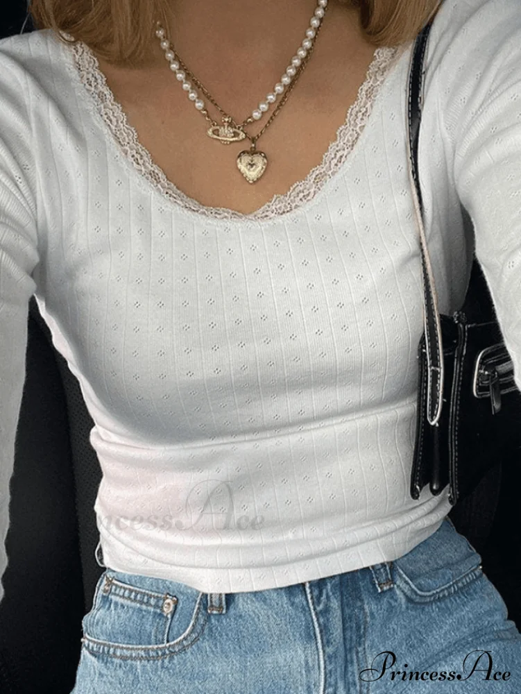 Lace Trim White Trendy Cropped Knit Top - Image 2