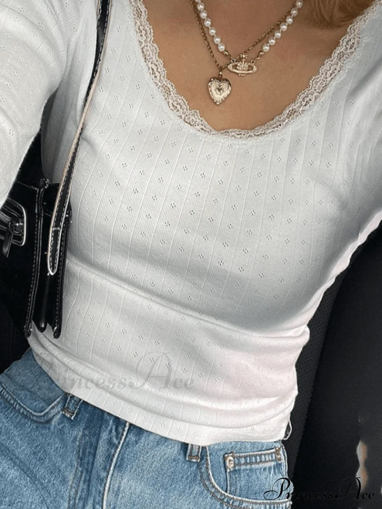 Lace Trim White Trendy Cropped Knit Top - Image 3