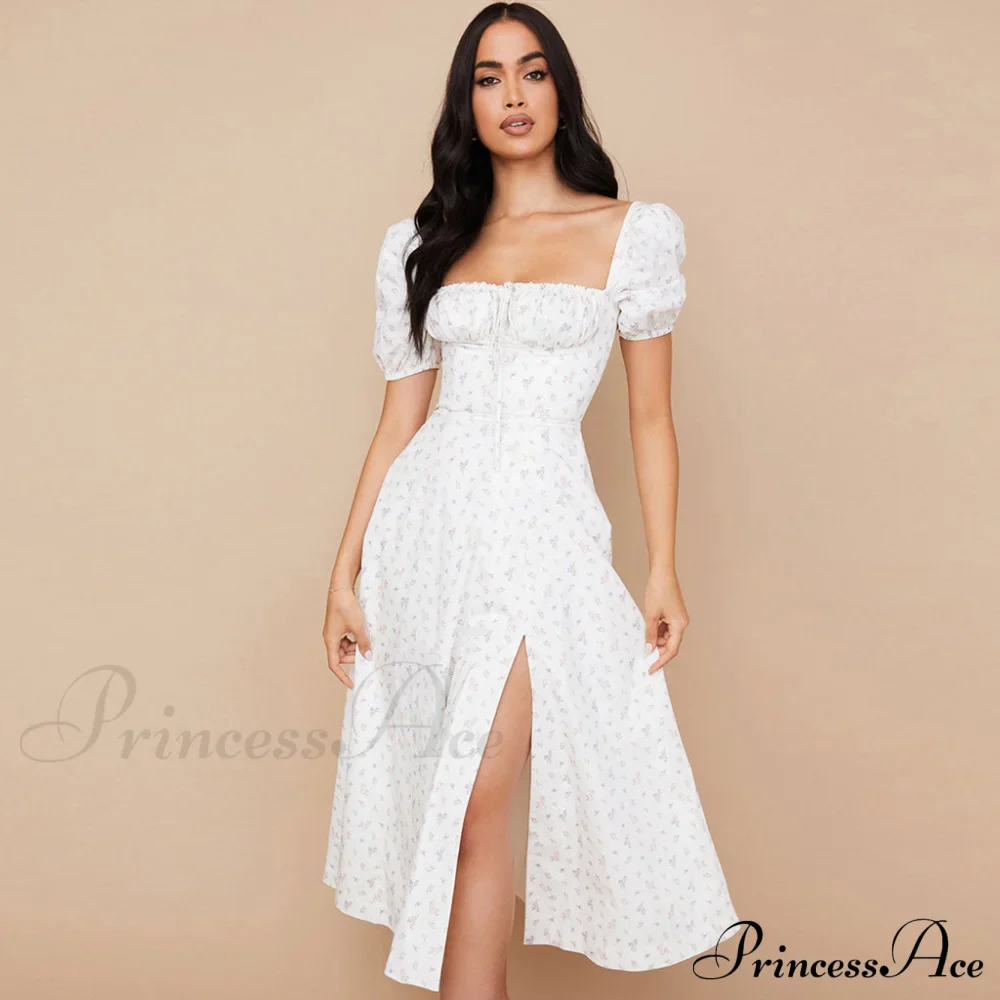 Daisy Printed Puff Sleeve High Slit Sophisticated Smock Maxi Sundress - Sky Blue