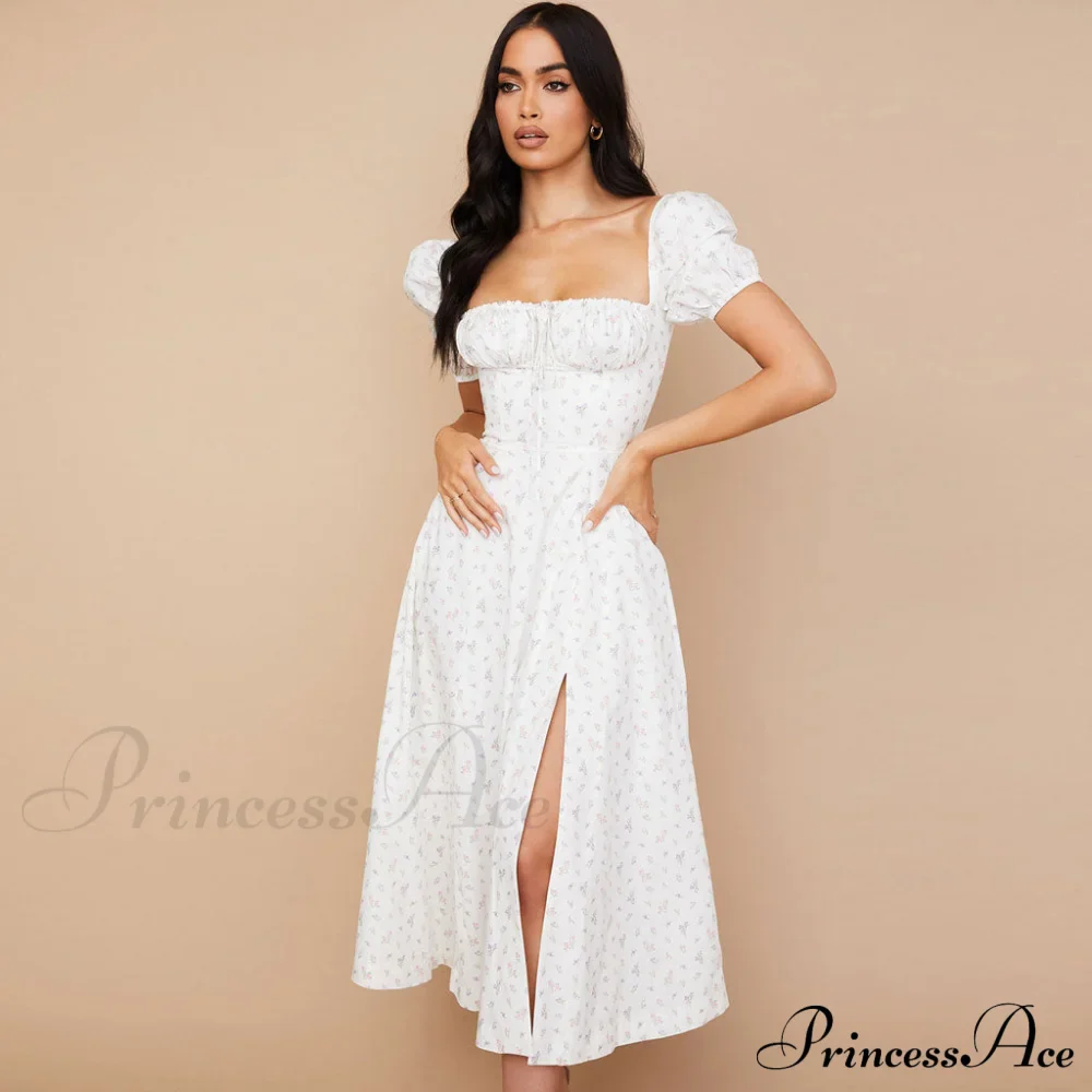 Daisy Printed Puff Sleeve High Slit Sophisticated Smock Maxi Sundress - Sky Blue - Image 2