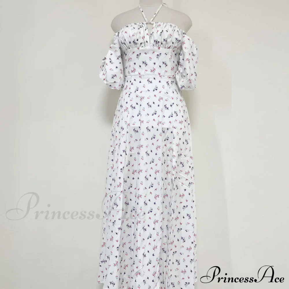 Daisy Printed Puff Sleeve High Slit Sophisticated Smock Maxi Sundress - Sky Blue - Image 4