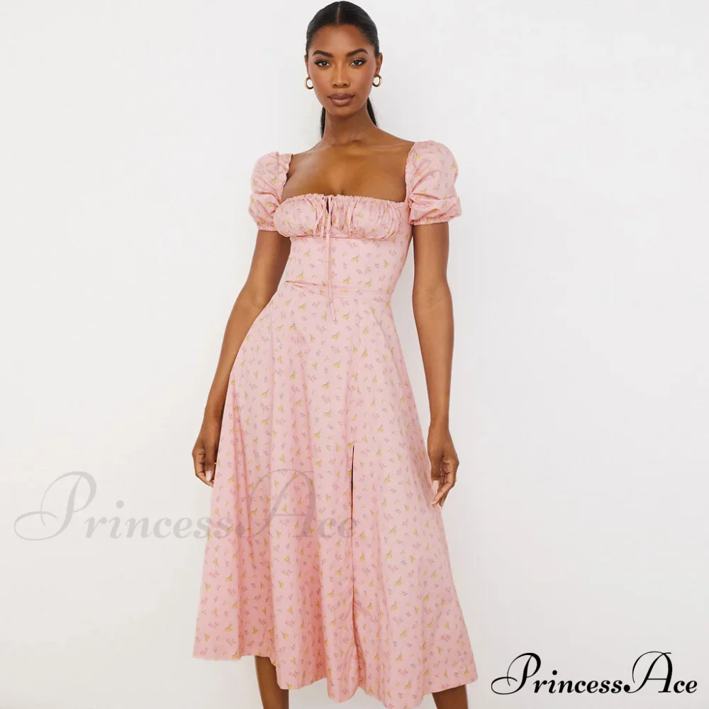 Daisy Printed Puff Sleeve High Slit Sophisticated Smock Maxi Sundress - Light Blue