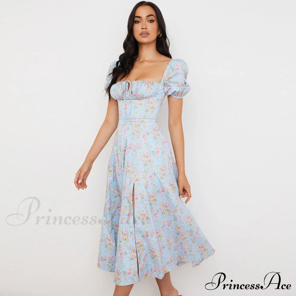 Daisy Printed Puff Sleeve High Classic Slit Smock Maxi Sundress - Green - Image 3
