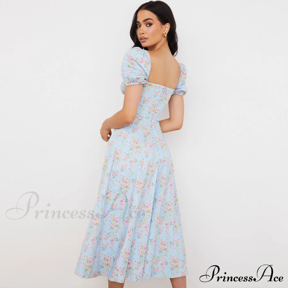 Daisy Printed Puff Sleeve High Classic Slit Smock Maxi Sundress - Green - Image 4