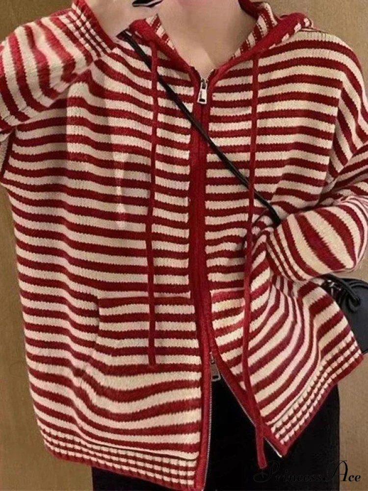 Contrasting Colors Striped Hooded Zipper Cardigan - Image 5