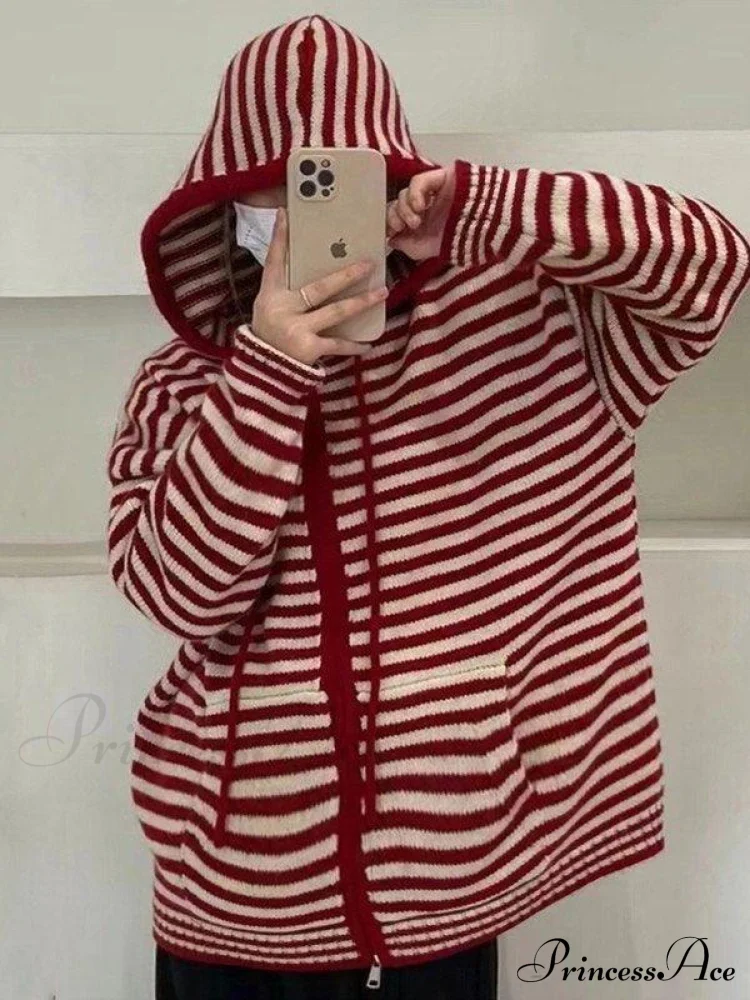Contrasting Colors Striped Hooded Zipper Cardigan - Image 6