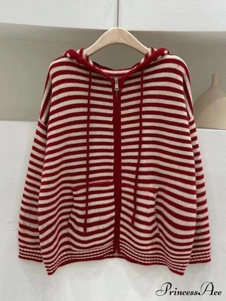 Contrasting Colors Striped Hooded Zipper Cardigan - Image 7