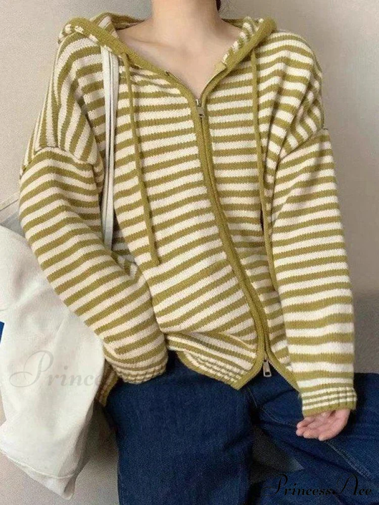 Contrasting Colors Striped Hooded Zipper Cardigan - Image 8