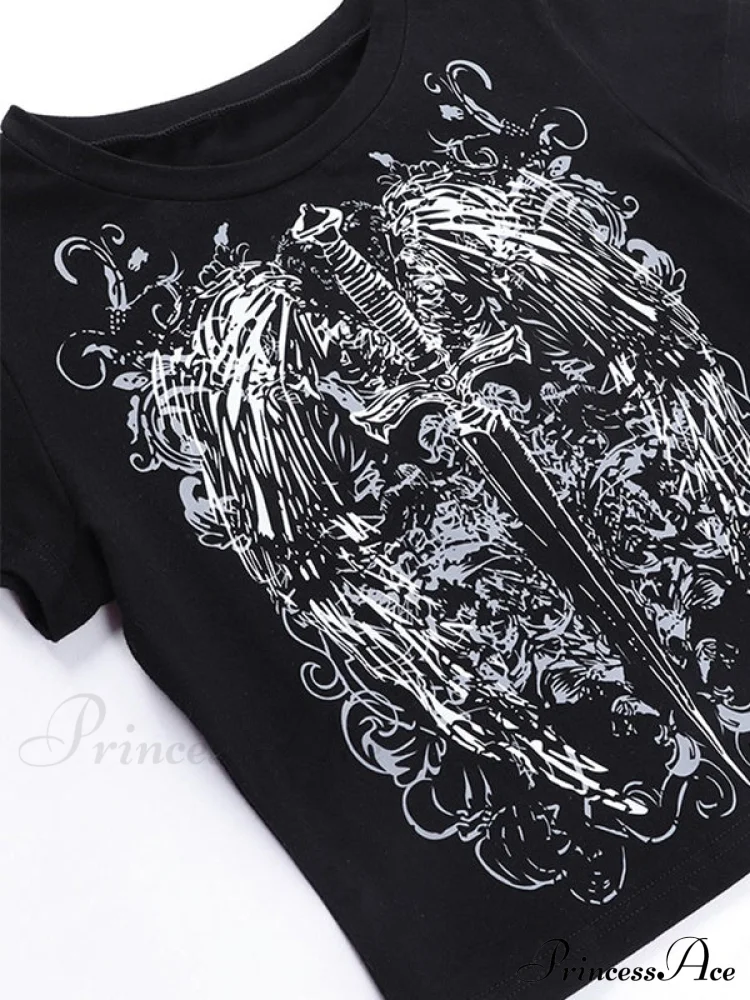 Grunge Wing Print Trendy Ribbed Knit Crop Top - Image 7