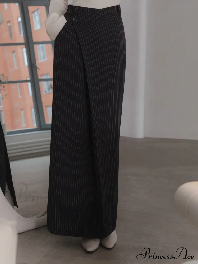 Asymmetric Slit Graceful Striped Long Skirt - Image 3